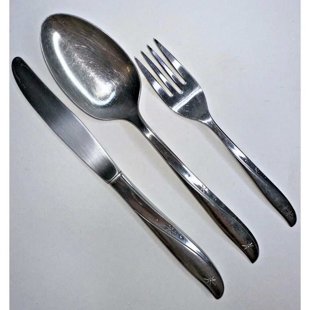 Oneida Community Twin Star MCM Serving Spoon Fork Knife Stainless Flatware 3 Pc